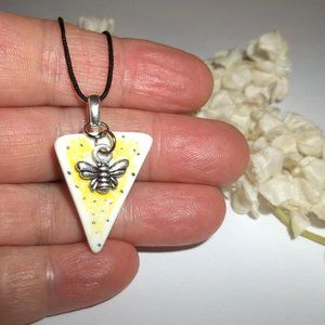 Yellow and Silver Bee Necklace Pendant Charm Adjustable Length Tie Cord A986